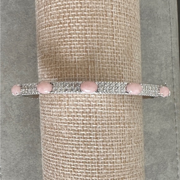Jade of Yesteryear Sterling Silver Pink Jade Oval Bangle Bracelet, 7-3/4" - Picture 3 of 9